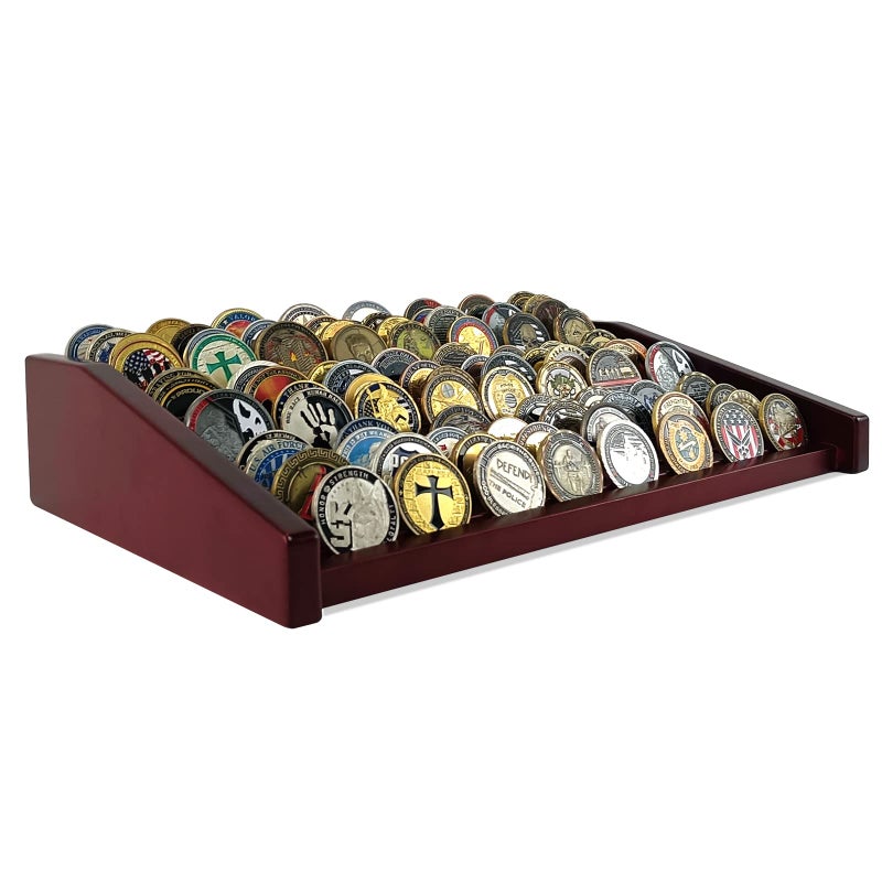 ASmileIndeep 12 Rows Military Challenge Coin Holder Display Case Holds 90-100 Coins, Solid Wood Army Coin Rack Display Stand for Desktop, Mahogany - Image 1